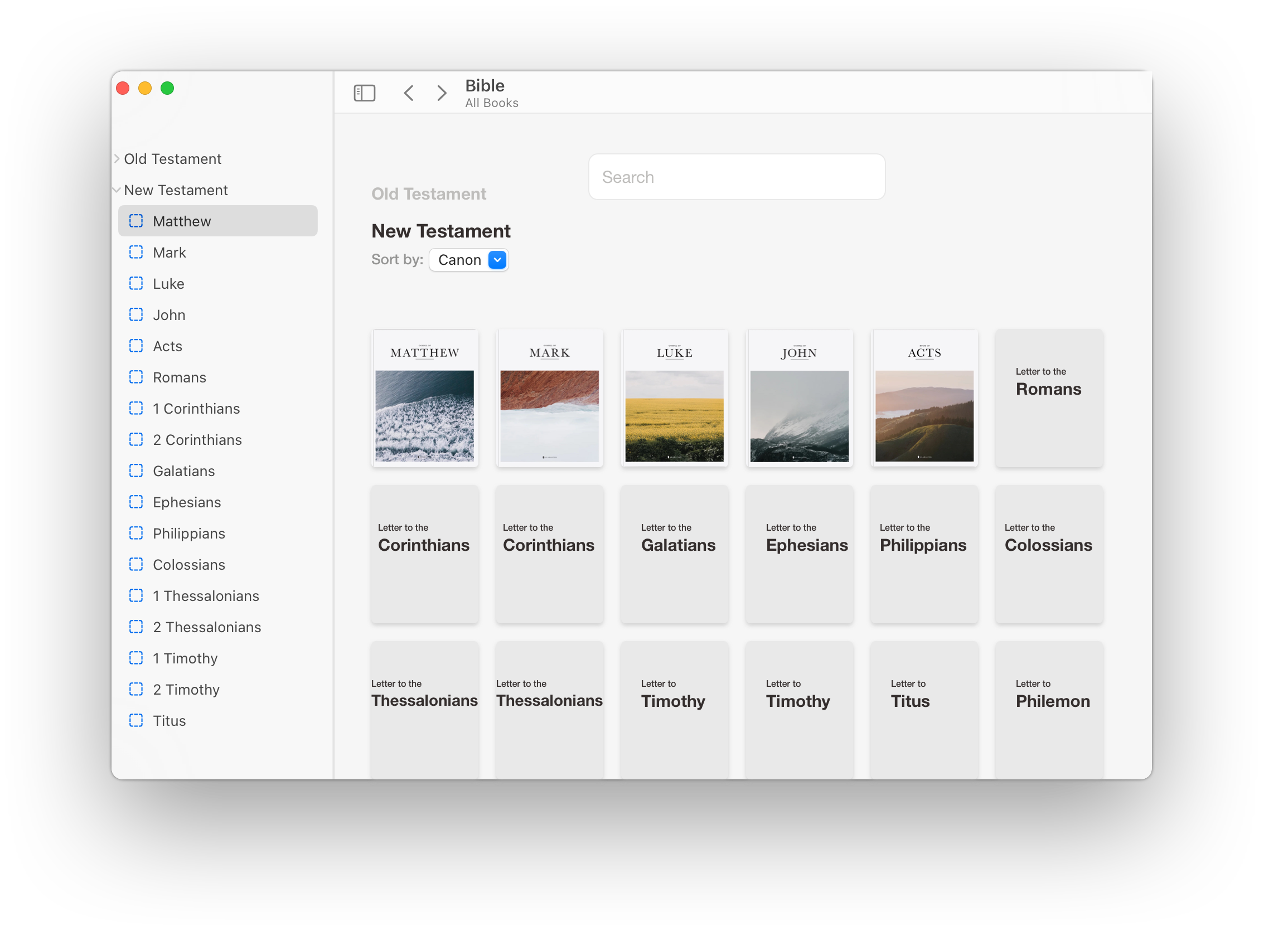 Manuscript Mac App Screenshot showing home page of books of the bible in a grid.